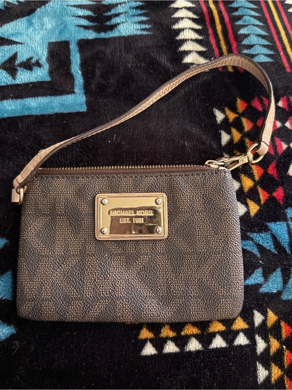 Michael Kors Gray Brown Logo Wristlet with Gold Plaque